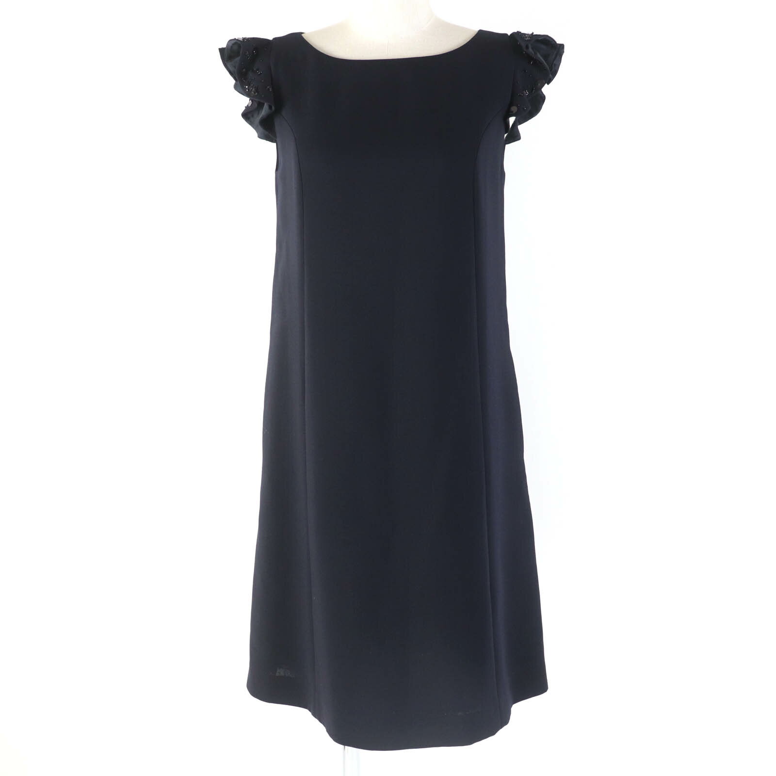 極美品☆FOXEY フォクシー 39335 スパンコール装飾 ウール ワンピース ダークネイビー 38 日本製 正規品 レディース【中古】