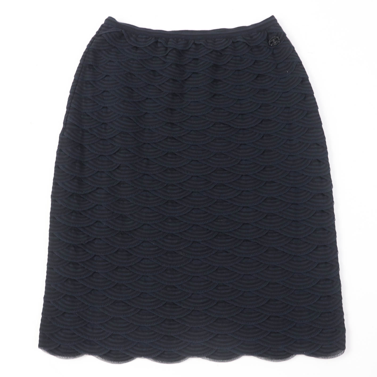 美品☆CHANEL シャネル P41318K03035 ココマーク付 コットン タイトスカート ブラック ネイビー 38 フランス製 正規品 レディース【中古】