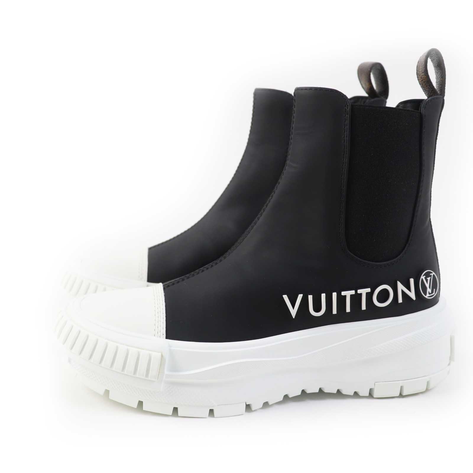 極美品◎LOUIS VUITTON ルイヴィトン LVスクァッド ライン レザー ハイカットスニーカー／サイドゴアブーツ ブラック ホワイト 35 保存袋付き イタリア製 レディース【中古】