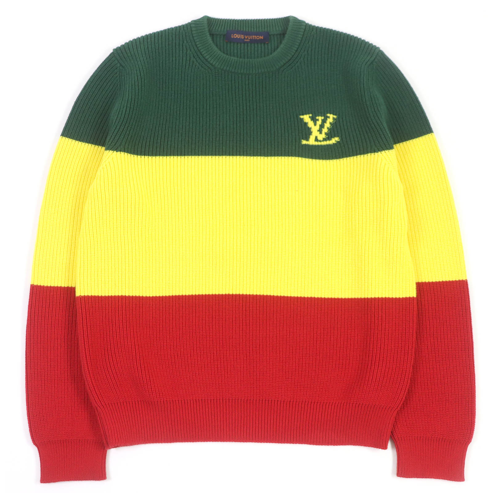 美品□LOUIS VUITTON ルイヴィトン 21SS ジャマイカン・ストライプ・プルオーバー LVロゴ 長袖ニット セーター ラスタカラー M イタリア製 正規品 メンズ【中古】