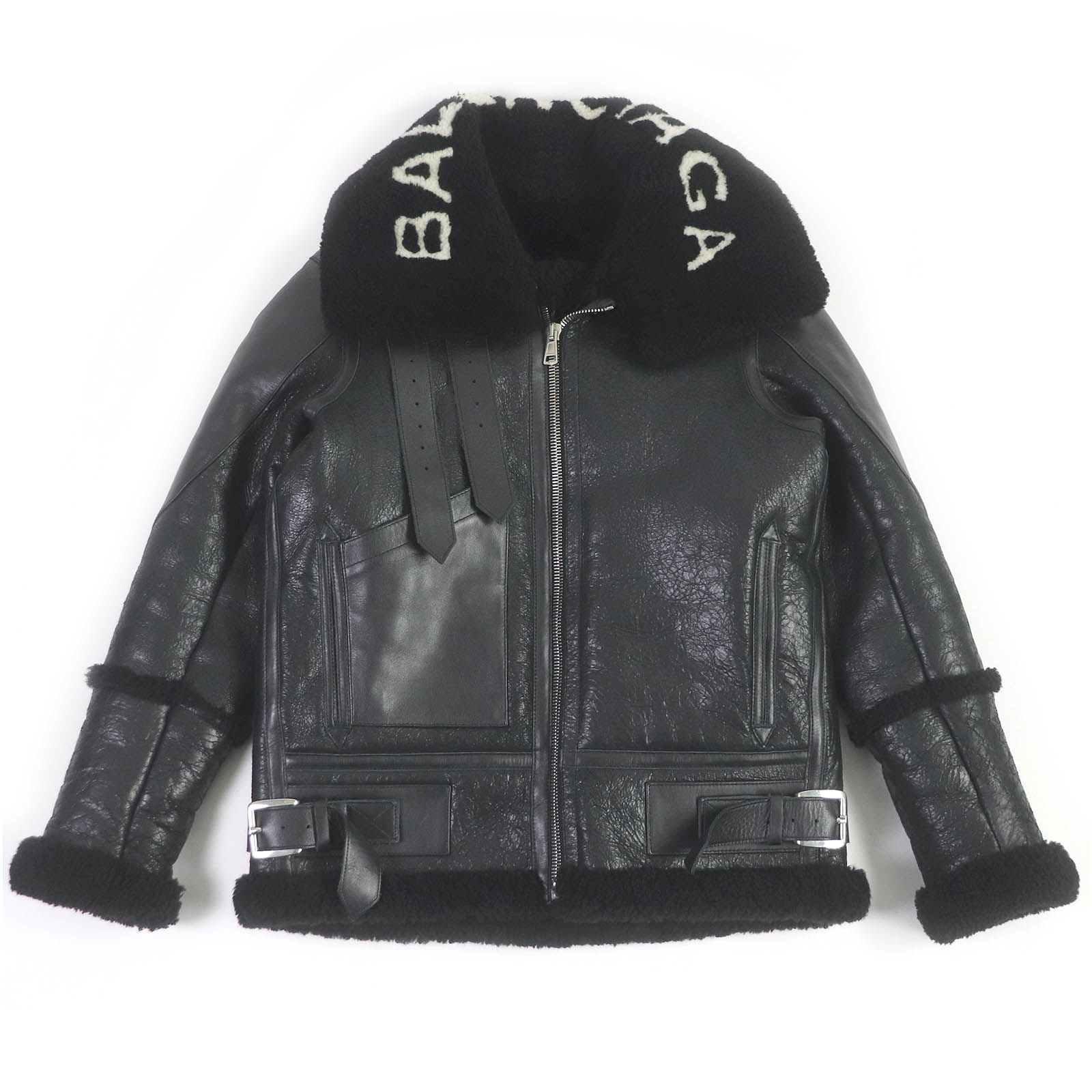 極美品□BALENCIAGA バレンシアガ 17AW 436548 Bombardier Shearling Jacket 羊革 襟元ロゴ ムートン フライトジャケット ブラック 36 正規品 メンズ【中古】