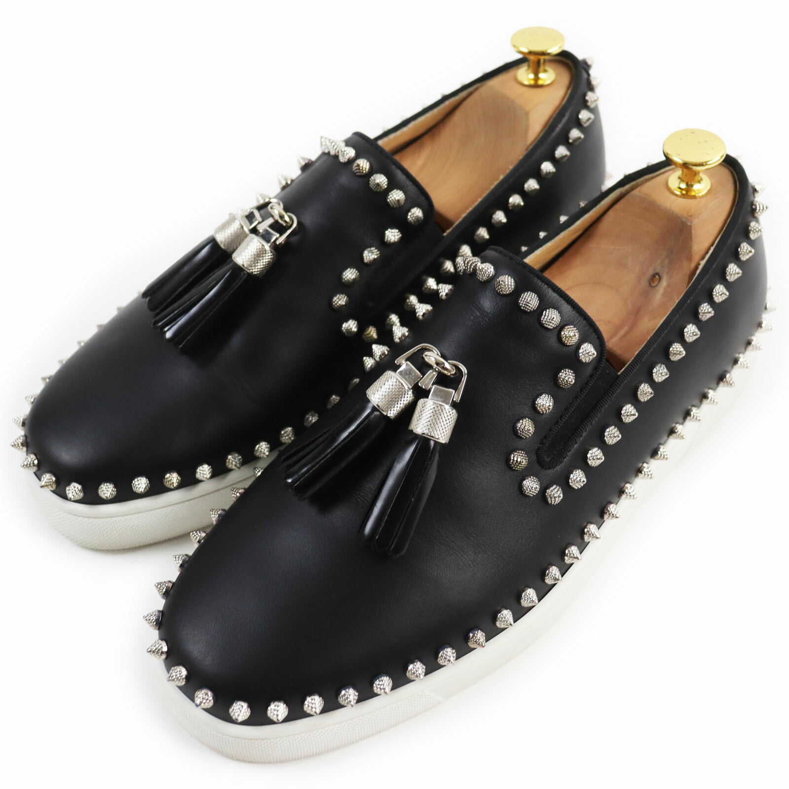 美品●Christian Louboutin クリスチャンルブタン スパイクスタッズ付 タッセルレザースリッポン・ローカットスニーカー ブラック 41 メンズ【中古】