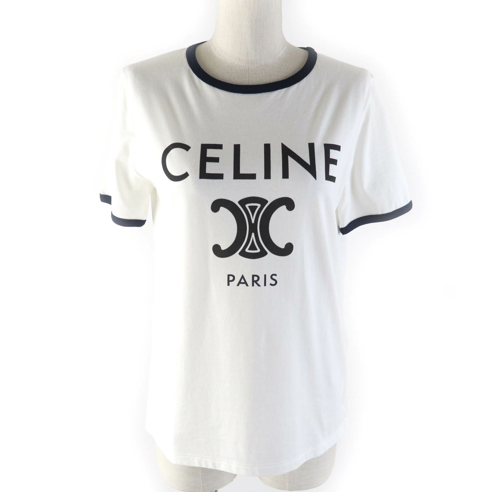 極美品★CELINE セリーヌ 2X872671Q CELINE PARIS Tシャツ コットンジャージー トリオンフロゴプリント クルーネック 半袖 ホワイト ネイビー S フランス製 正規品 レディース【中古】