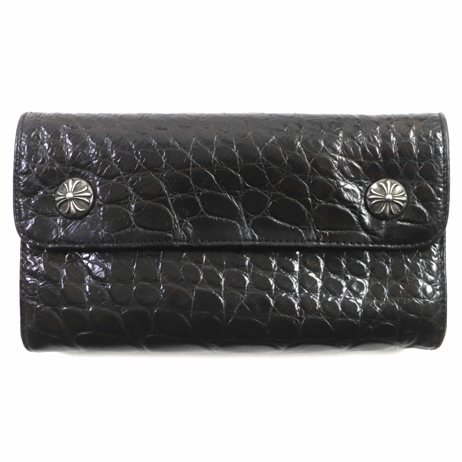 良品▼CHROME HEARTS クロムハーツ WAVE ウェーブ クロスボタン ダガージップ レザーウォレット アリゲーター クロコダイル SV925 長財布 ダークブラウン シルバー金具 メンズ【中古】