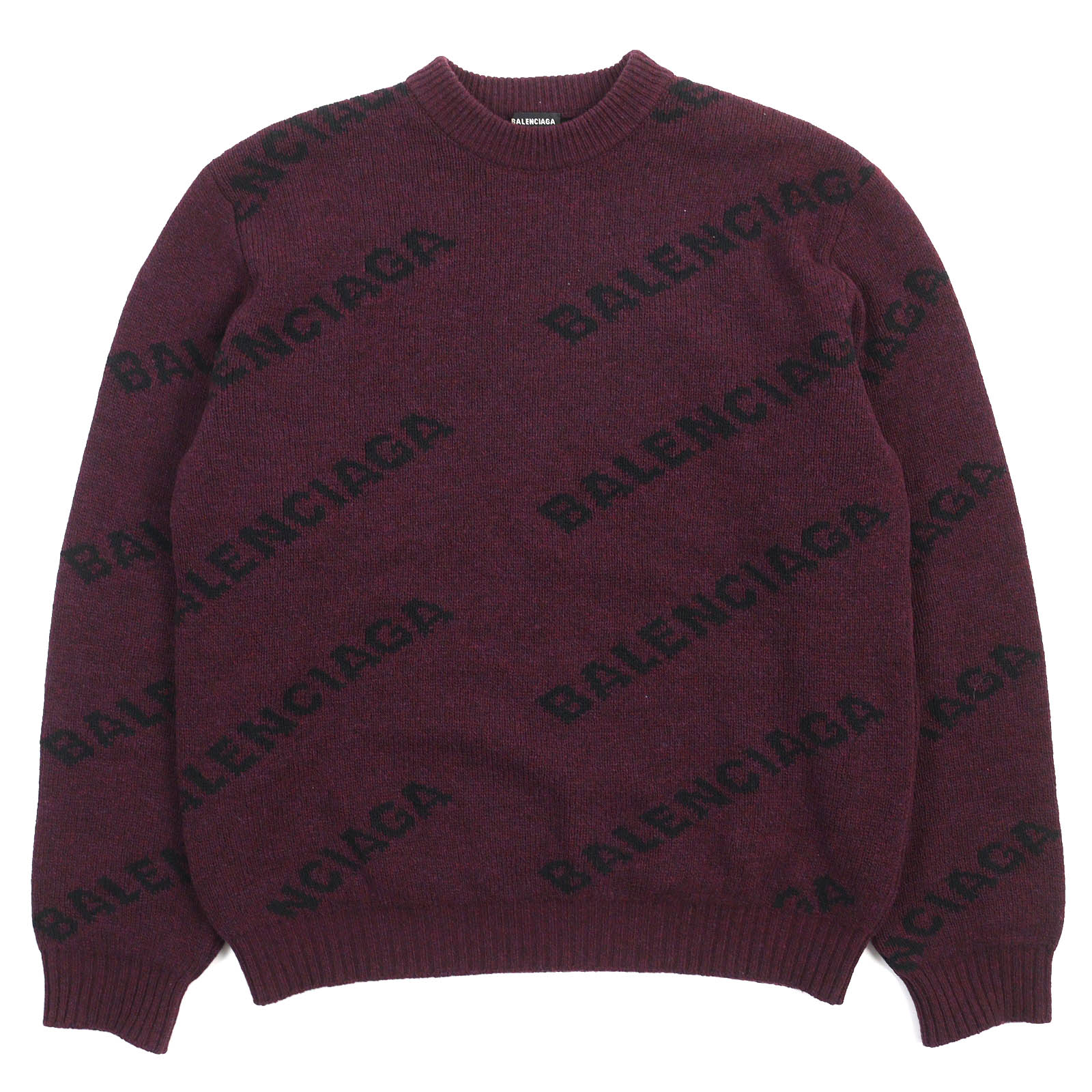 極美品△BALENCIAGA バレンシアガ 534493 ALL OVER LOGO ウール ラウンドネック ロングスリーブ ニット セーター ボルドー ブラック M イタリア製 正規品 メンズ オススメ◎【中古】