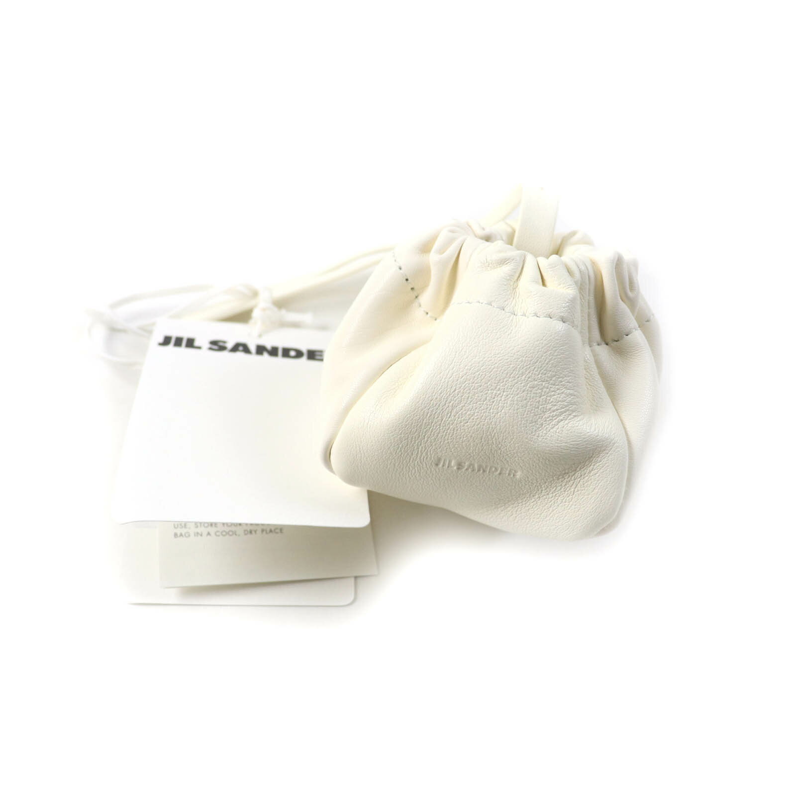 未使用品★JIL SANDER ジルサンダー J08WD0031 P4845 RIPPLE POUCH ポーチ リップル ロゴ刻印 ドローストリング レザー ポーチ EGGSHELL UNI 保存袋付き レディース【中古】