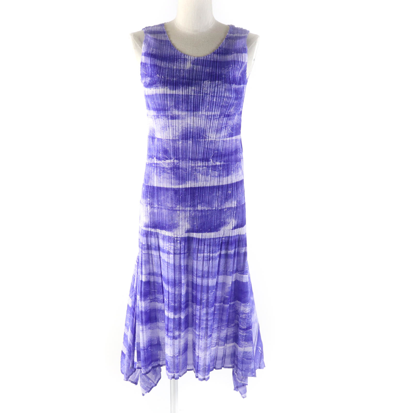 美品★PLEATS PLEASE プリーツプリーズ イッセイミヤケ PP31-JH925 総柄 裾変形プリーツ ノースリーブ ワンピース パープル ホワイト 1 日本製 正規品 レディース【中古】