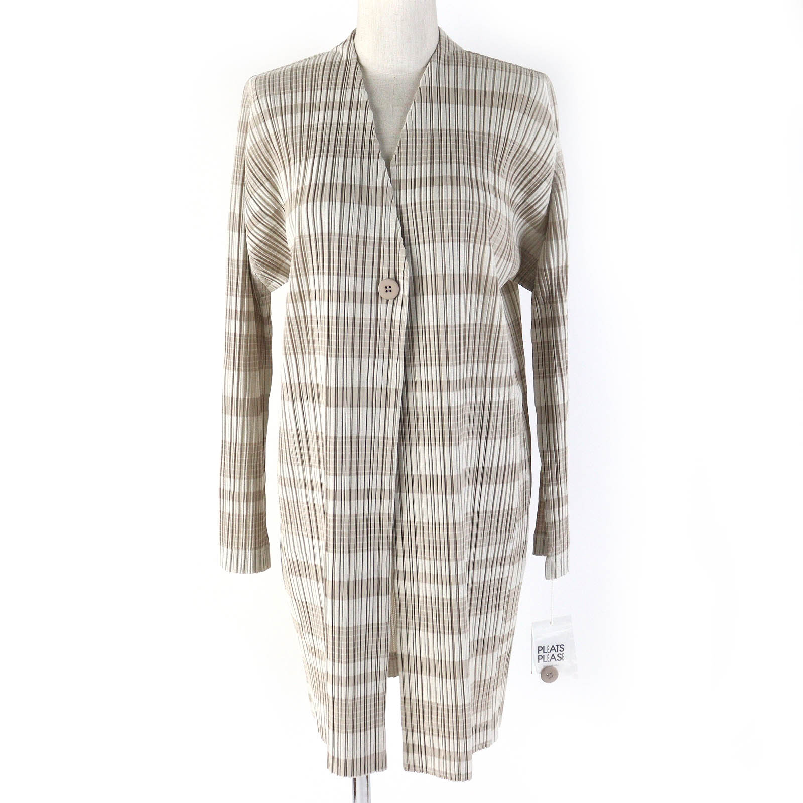 未使用品△PLEATS PLEASE プリーツプリーズ イッセイミヤケ 24SS PP41-JD213 COTTON ONION コットン混 ボーダー柄 Vネック ロング カーディガン ベージュ系 5 日本製 正規品 レディース オススメ◎【中古】