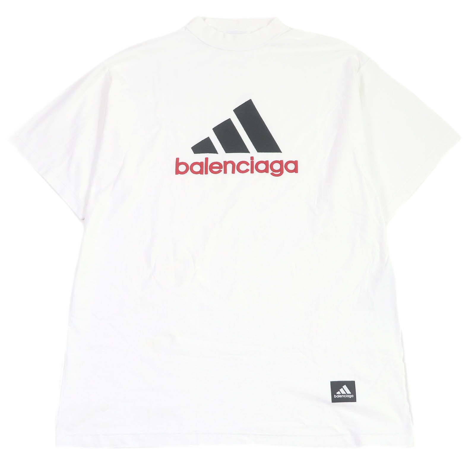 美品□BALENCIAGA バレンシアガ adidas アディダス コラボ 23SS 731369 コットン パフォーマンスロゴ 刺繍 インサイドアウト オーバーサイズ モックネック 半袖Tシャツ ホワイト L ドイツ製 正規品 メンズ【中古】