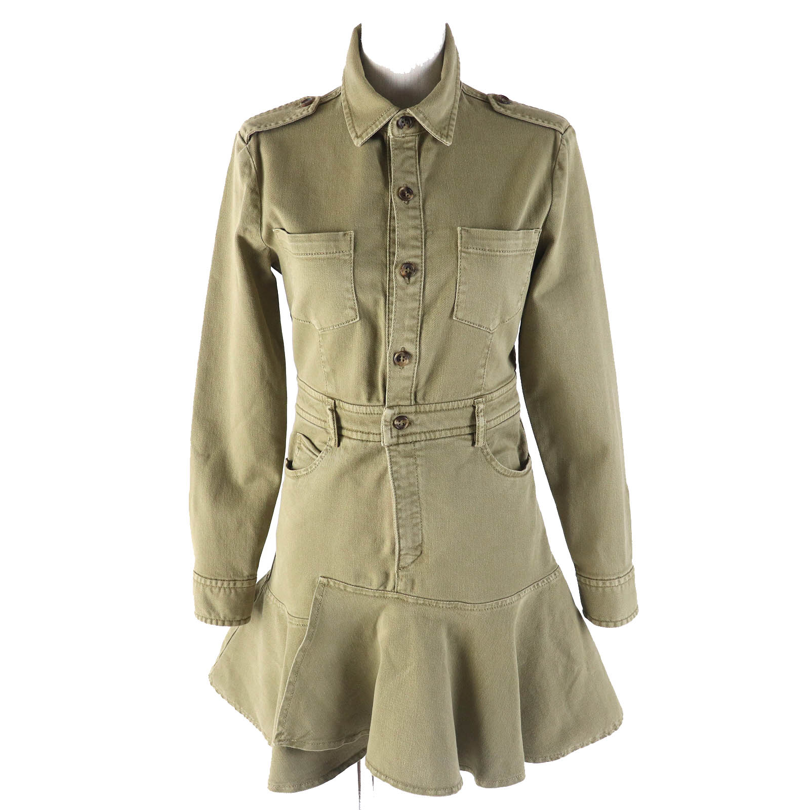 美品△RED VALENTINO レッドヴァレンティノ コットン エポレット付き デニム シャツ ワンピース ミニ丈 カーキベージュ系 38 正規品 レディース【中古】