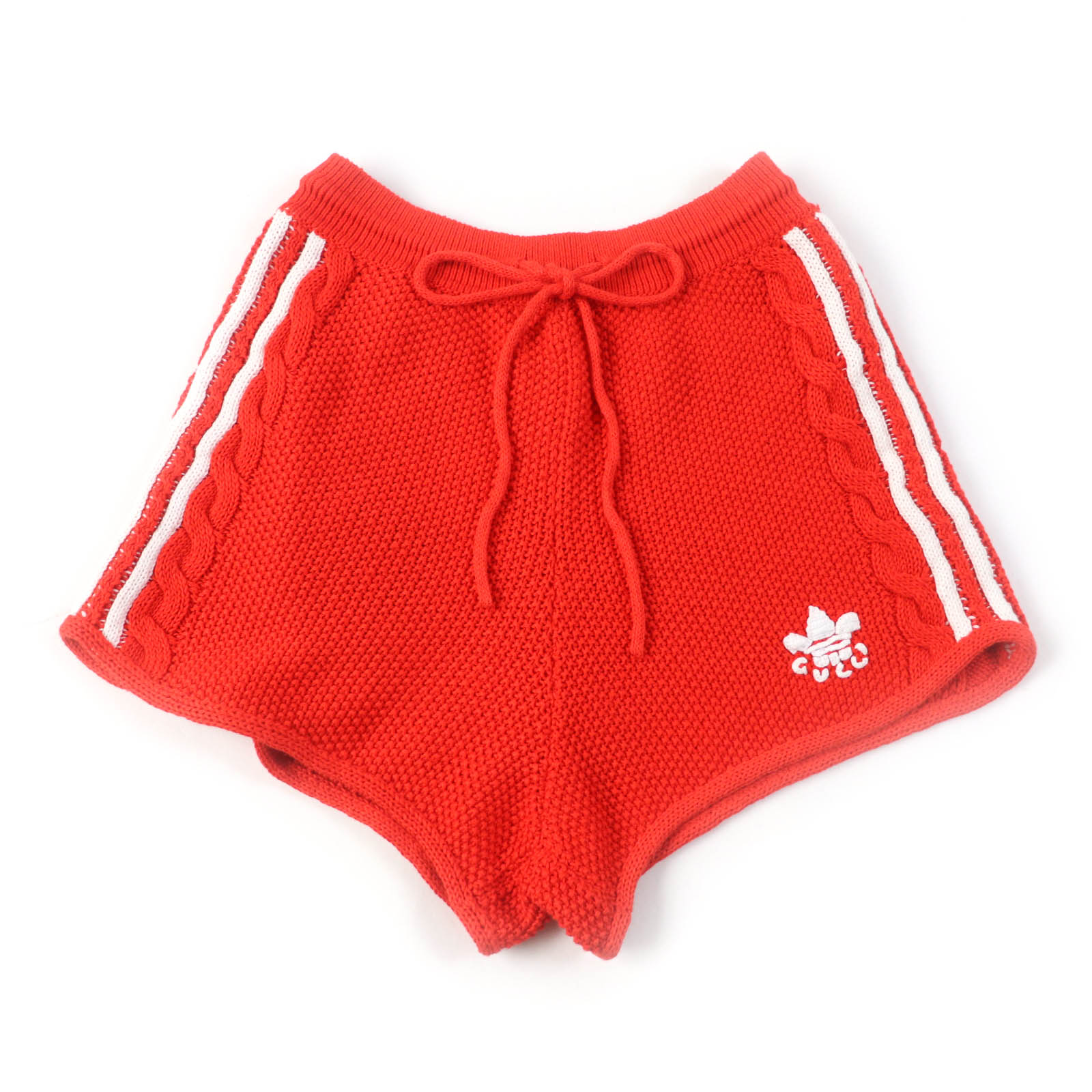 未使用品★GUCCI グッチ adidas アディダス 22AW 693835 リネン コットン混 トレフォイル刺繍入り ニット ショートパンツ オレンジ ホワイト M イタリア製 正規品 レディース【中古】