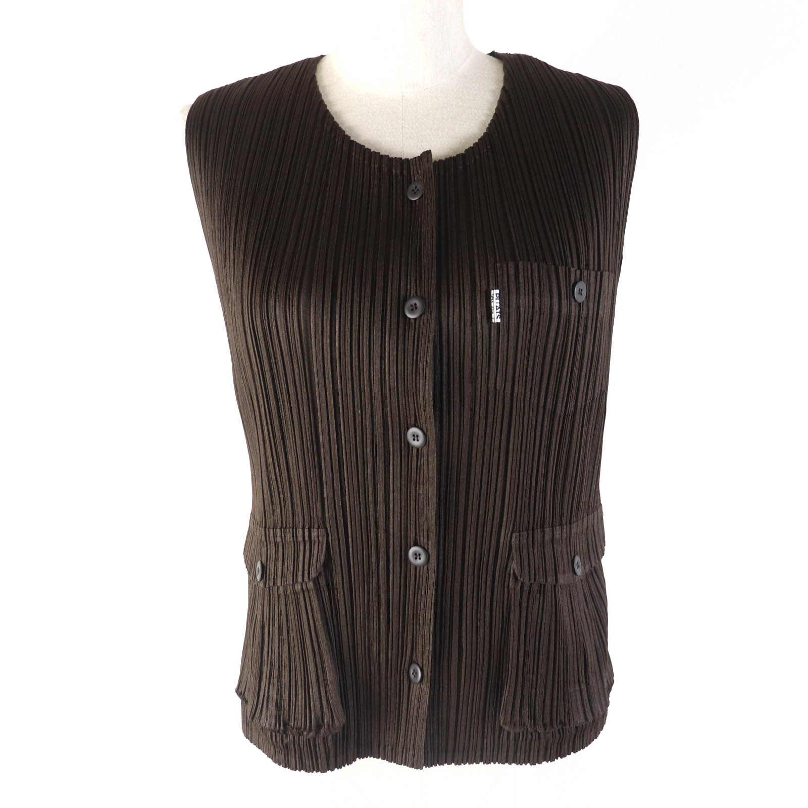 極美品★PLEATS PLEASE プリーツプリーズ イッセイミヤケ PP61-JE121 ポケット付 ノーカラー ノースリーブシャツ ベスト ブラウン 3 日本製 正規品 レディース【中古】