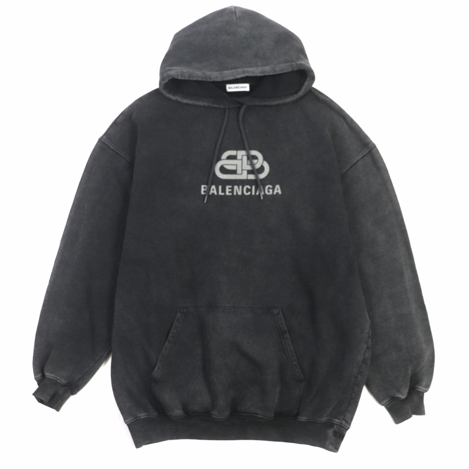 美品▼BALENCIAGA バレンシアガ 2019年製 578135 コットン100% BBロゴ ウォッシュ加工 オーバーサイズ プルオーバー パーカー ブラック XS 正規品 メンズ【中古】
