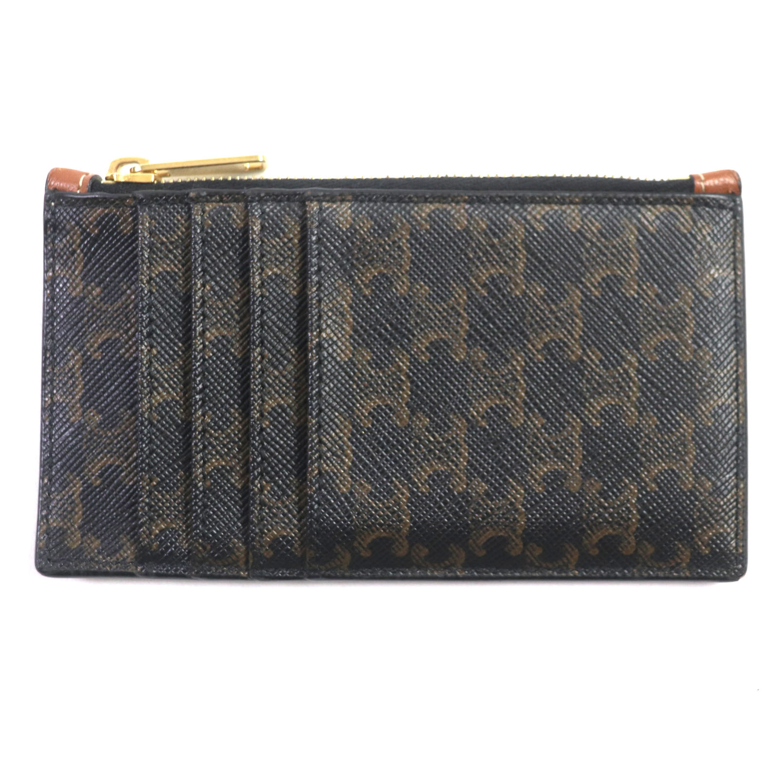 良品▼CELINE セリーヌ 10B682CAM トリオンフ 現行品 レザー ジップドカードホルダー コインケース ブラウン ブラック ゴールド金具 イタリア製 メンズ【中古】