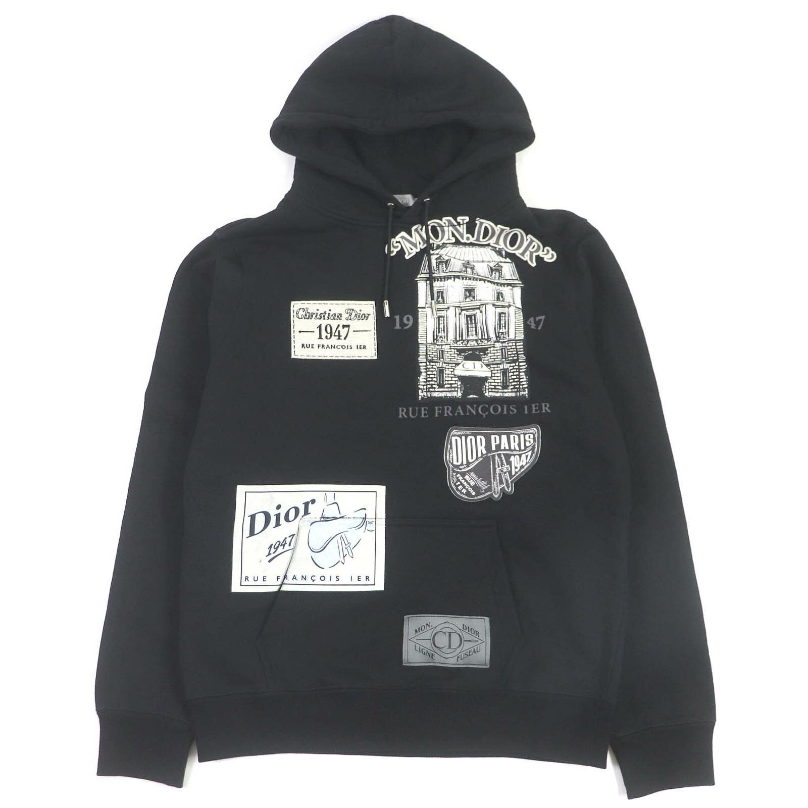 美品□DIOR ディオール オム 20SS 013J605B0531 コットン アーカイブパッチ サドル プルオーバー フーディー パーカー ブラック XS イタリア製 正規品 メンズ【中古】