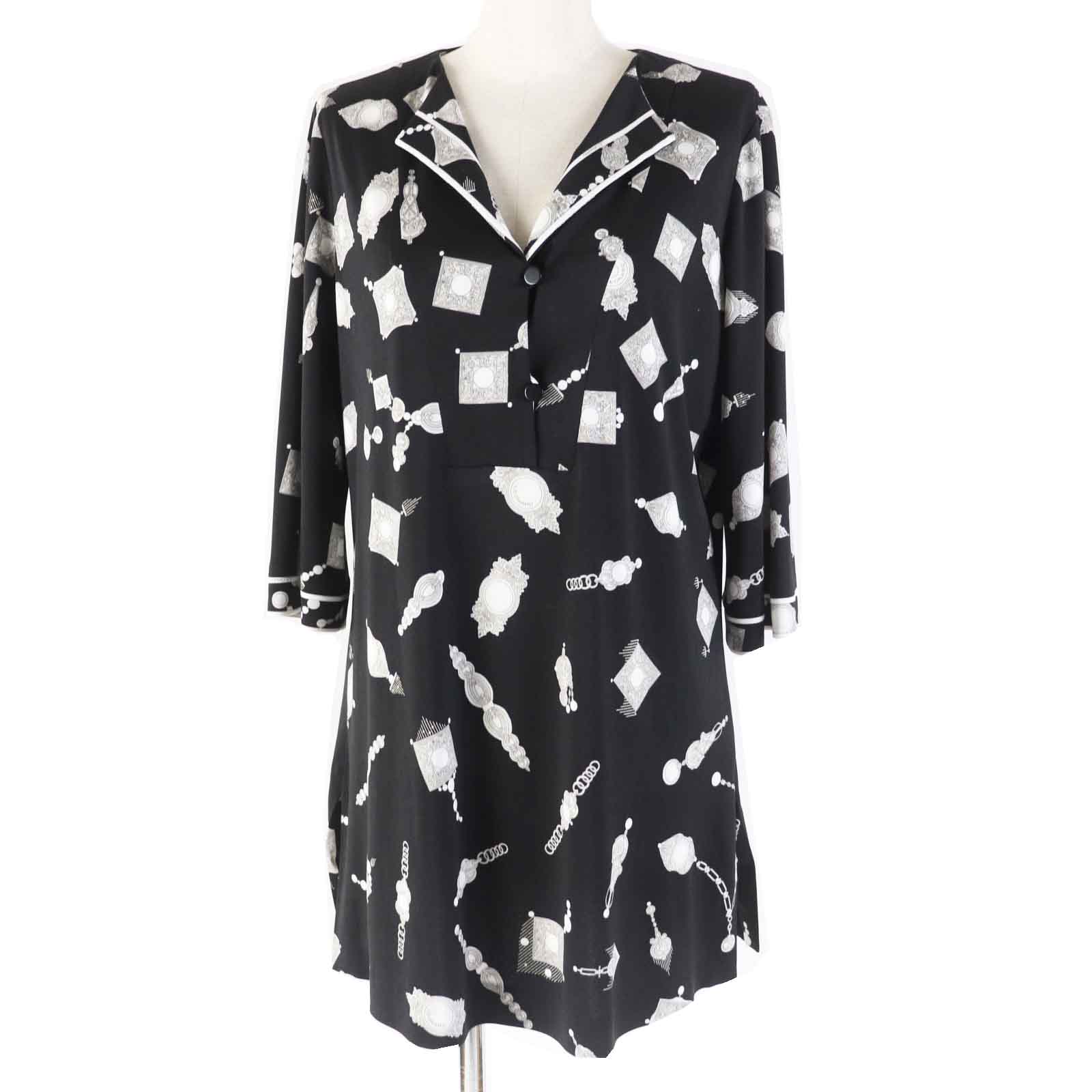 極美品◎LEONARD FASHION レオナール ファッション 0159201 総柄プリント トップス ブラック ホワイト 38 日本製 正規品 レディース【中古】