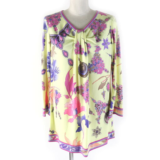 未使用品△LEONARD FASHION レオナール ファッション 総柄デザイン Vネック 長袖 チュニック トップス イエロー マルチカラー 38 日本製 正規品 レディース【中古】