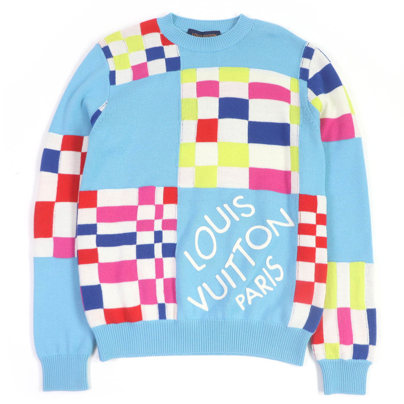 極美品□LOUIS VUITTON ルイヴィトン 1A8P48 2021年製 ウール100% ディストーテッド ジャイアントダミエ セーター ニット ライトブルー XS イタリア製 正規品 メンズ【中古】