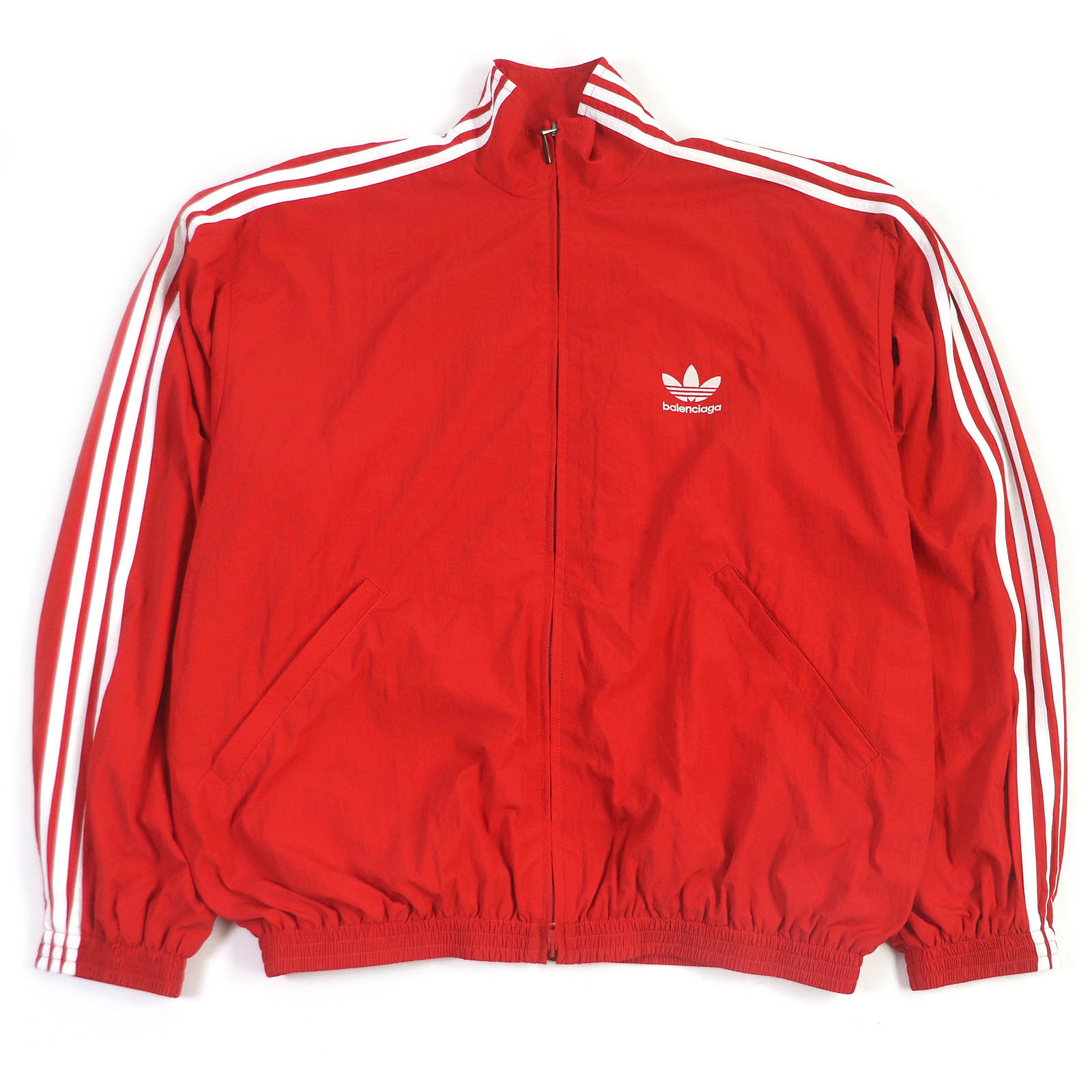 極美品□BALENCIAGA バレンシアガ adidas アディダス 23SS 712280 TRACKSUIT スリーストライプス トレフォイ刺繍 トラックジャケット ジャージ レッド L イタリア製 正規品 メンズ【中古】