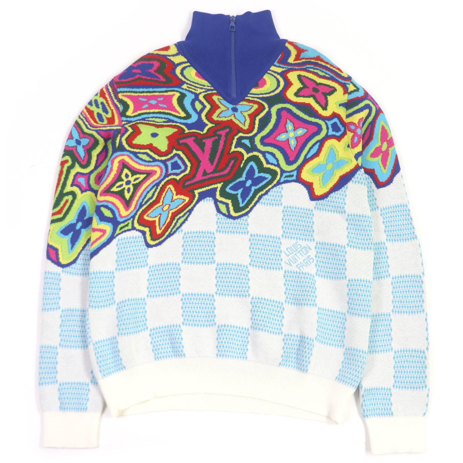 極美品□LOUIS VUITTON ルイヴィトン 21SS 1A8P4N ディストーテッドモノグラム ダミエ ハーフジップ ニット セーター マルチカラー M イタリア製 正規品 メンズ【中古】