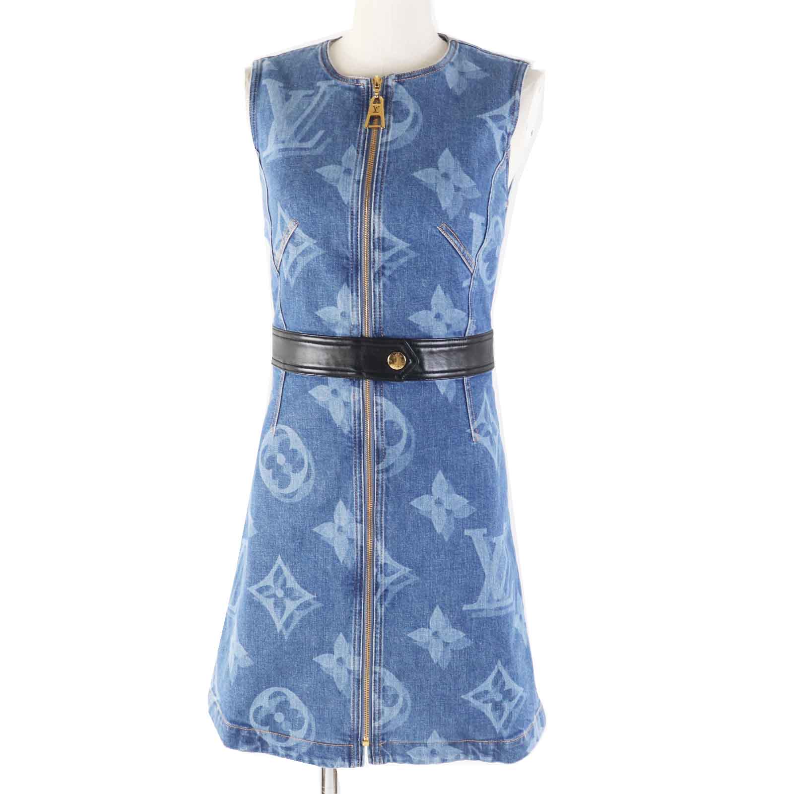 美品◎LOUIS VUITTON ルイヴィトン 21SS ジャイアントモノグラム フロントZIP ノースリーブ デニムワンピース インディゴブルー 34 イタリア製 正規品 レディース【中古】