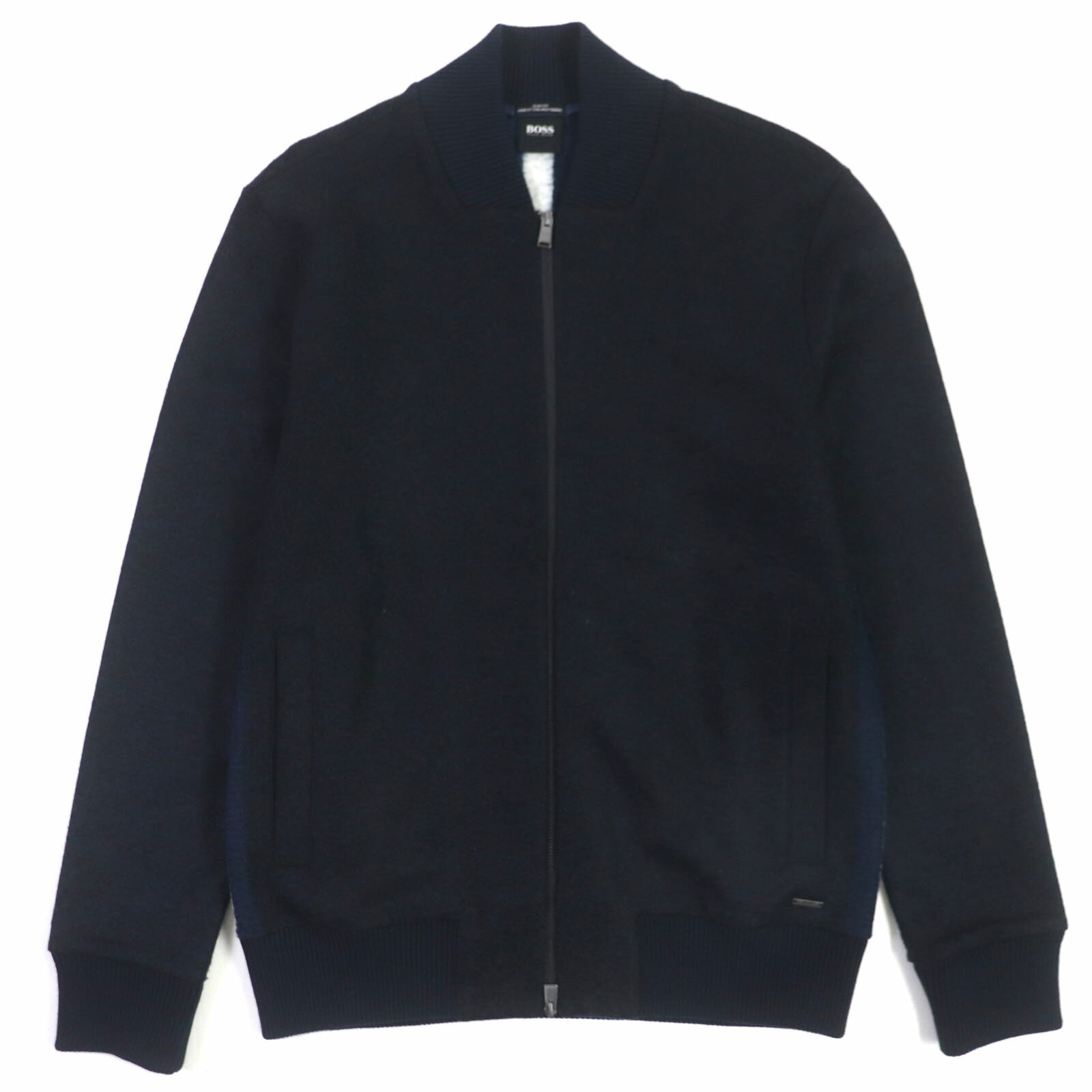 美品▼HUGO BOSS ヒューゴボス SLIM FIT FINEST ITALIAN FABRIC ロゴプレート付き WZIP ジャケット ブルゾン ネイビー S 正規品 メンズ【中古】