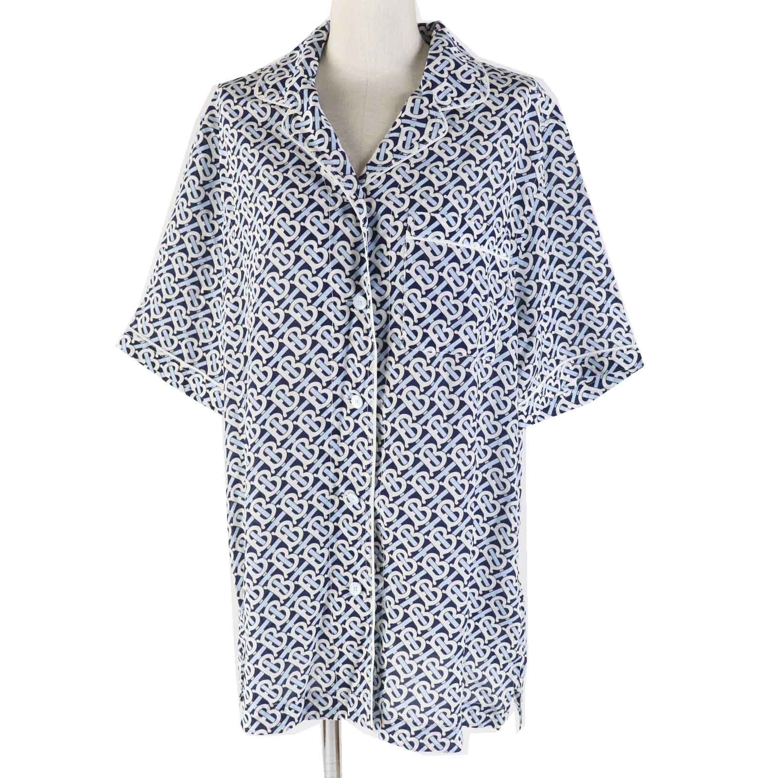 未使用品◎BURBERRY バーバリー 8048782 シルク100％ ロゴボタン TBEモノグラム パジャマシャツ／半袖シャツ ブルー ホワイト ネイビー 40 イタリア製 正規品 レディース【中古】