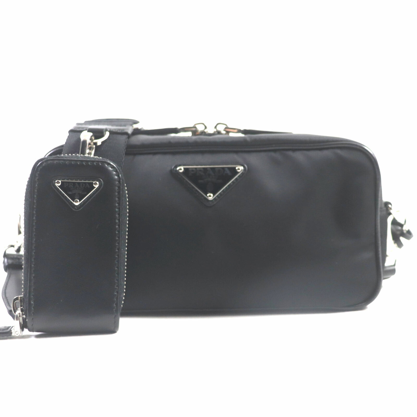 極美品▼PRADA プラダ 1BH197 トライアングルロゴ ポーチ付き Re-Nyion ナイロン レザー ショルダーバッグ ブラック 保存袋付き イタリア製 メンズ【中古】
