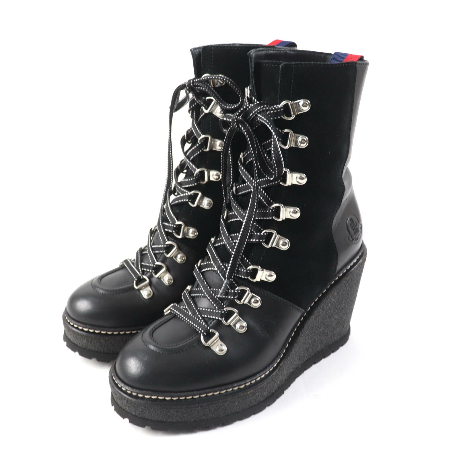 美品★MONCLER モンクレール SHANICE ロゴ刻印 レースアップ レザー ショートブーツ ブラック 37 保存袋付き イタリア製 レディース【中古】