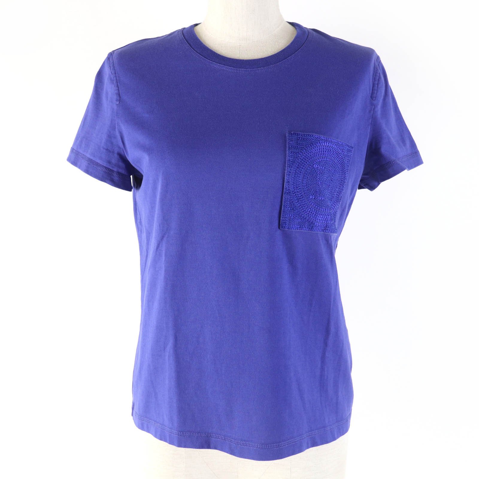 美品☆HERMES エルメス 23SS 3E4620DL コットン100％ H刺繍ポケット 半袖Tシャツ トップス ブルー系 38 フランス製 レディース【中古】
