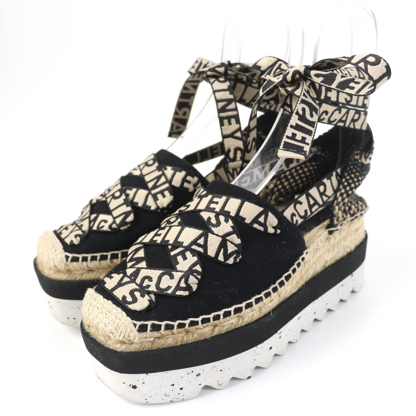 美品☆Stella McCartney ステラマッカートニー 800159 ガイア ロゴリボンデザイン エスパドリーユ プラットフォーム キャンバス シューズ ブラック ベージュ 36 スペイン製 レディース【中古】