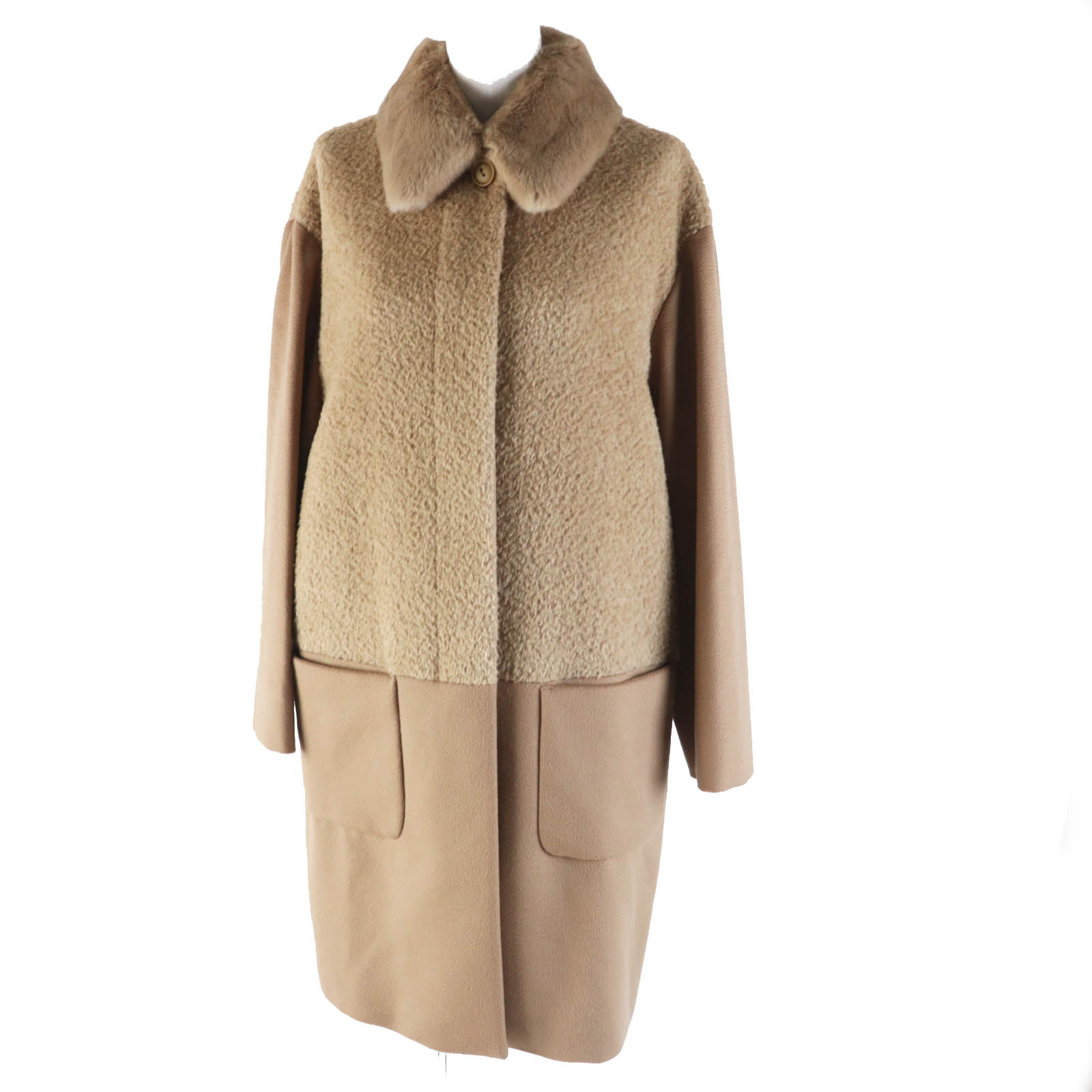 極美品◎Max Mara マックスマーラ STUDIO アルパカ ウール 襟ラビットファー 切替デザインコート キャメル 36 イタリア製 正規品 レディース【中古】