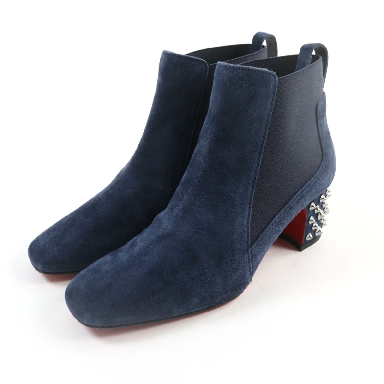美品★Christian Louboutin クリスチャンルブタン 3191020 STUDY 55 スパイクスタッズ付 スウェードレザー サイドゴア ショートブーツ ネイビー 36.5 箱付き イタリア製 レディース【中古】