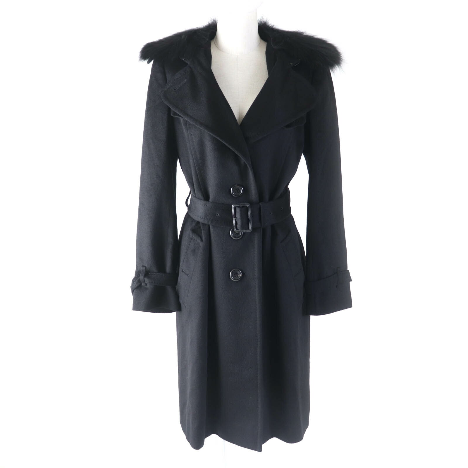 極美品★BURBERRY LONDON バーバリーロンドン FN344-925-09 カシミヤ混 襟元FOXファー・ロゴボタン付 裏地チェック柄 ベルテッドコート ブラック 38 日本製 正規品 レディース【中古】