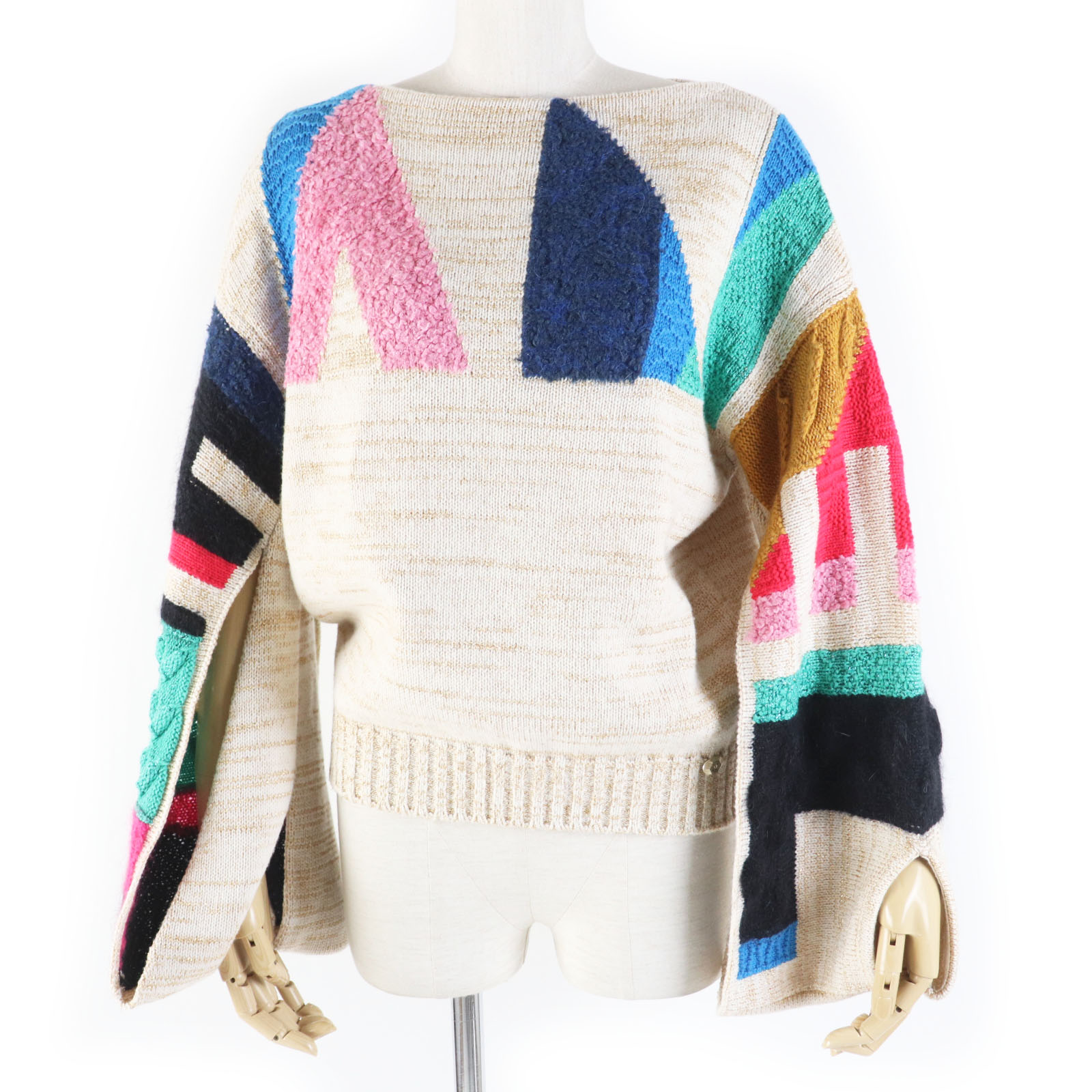極美品◎CHANEL シャネル 19A P61696 カシミヤ ココマークプレート付き デザインスリーブ 長袖 ニットプルオーバー マルチ 36 イタリア製 正規品 レディース【中古】