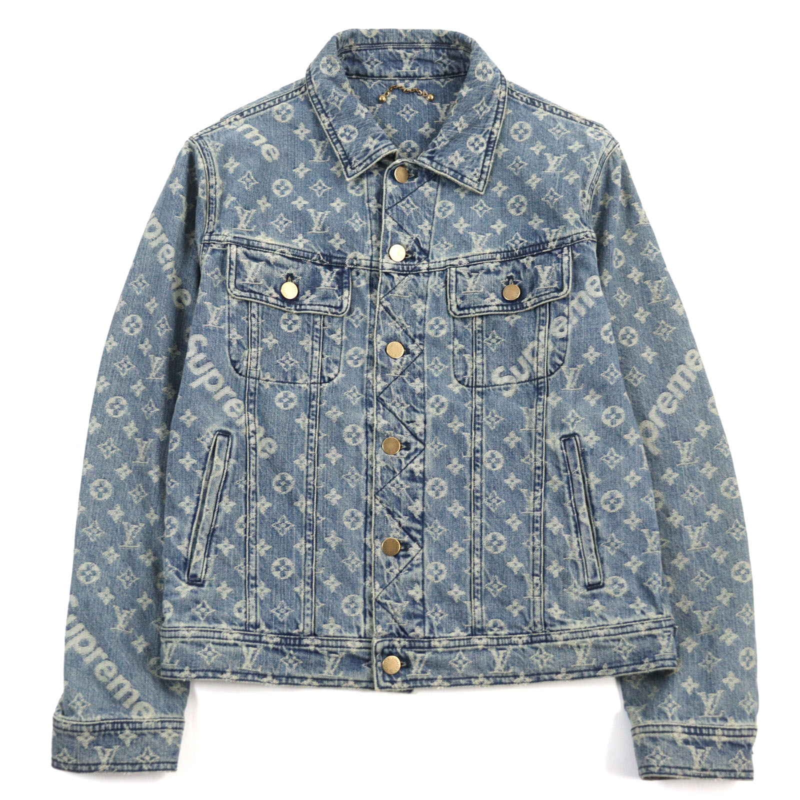 美品○LOUIS VUITTON ルイヴィトン Supreme シュプリーム HDA91WALL LV Jacquard Denim Trucker Jacket コットン100% 牛革 モノグラム ロゴ総柄 ジャガード 国内正規 デニムジャケット ライトブルー 46 イタリア製 正規品 メンズ【中古】