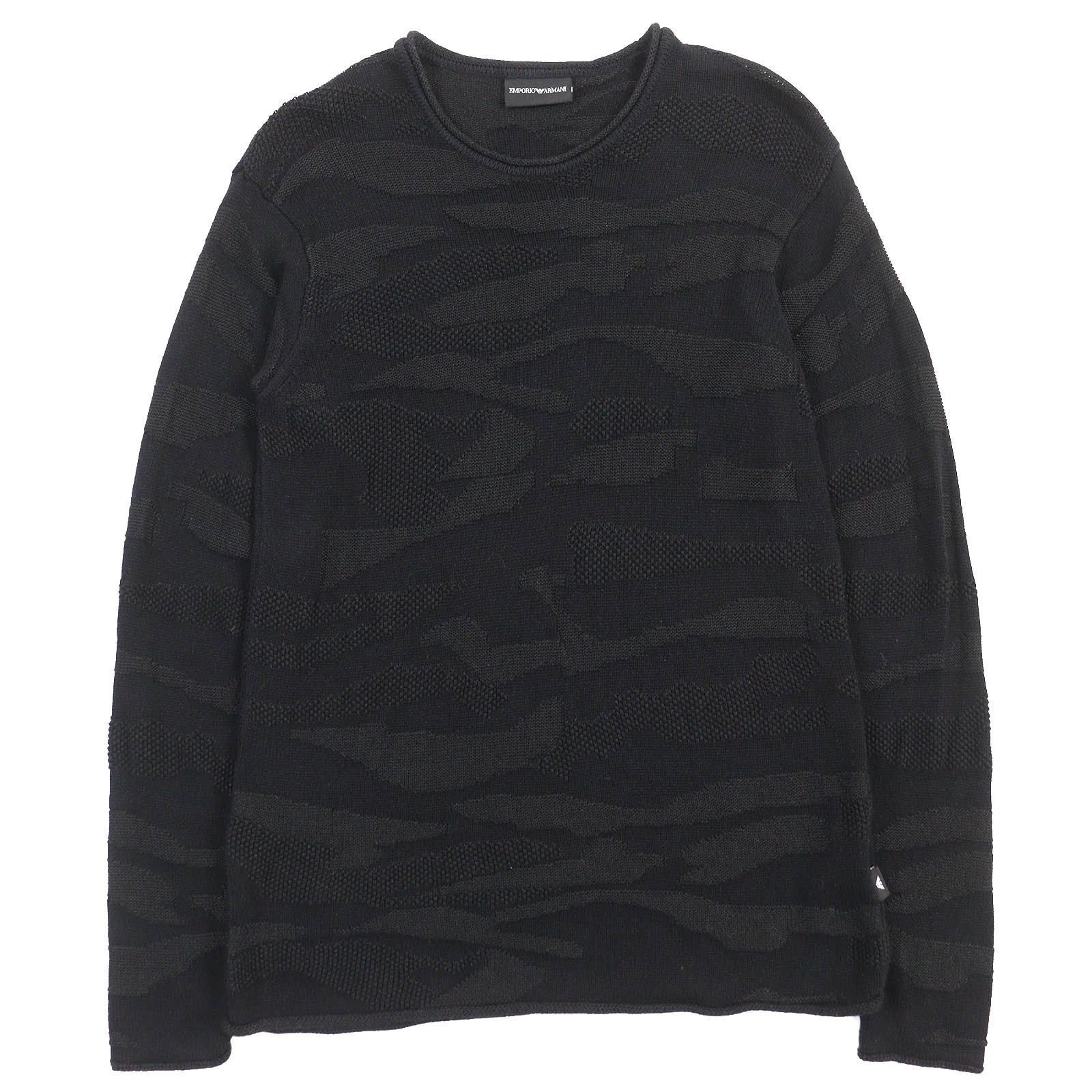 美品△EMPORIO ARMANI エンポリオ アルマーニ 黒タグ 3Z1MY1 総織柄 クルーネック ロングスリーブ ニット セーター ブラック M 正規品 メンズ【中古】
