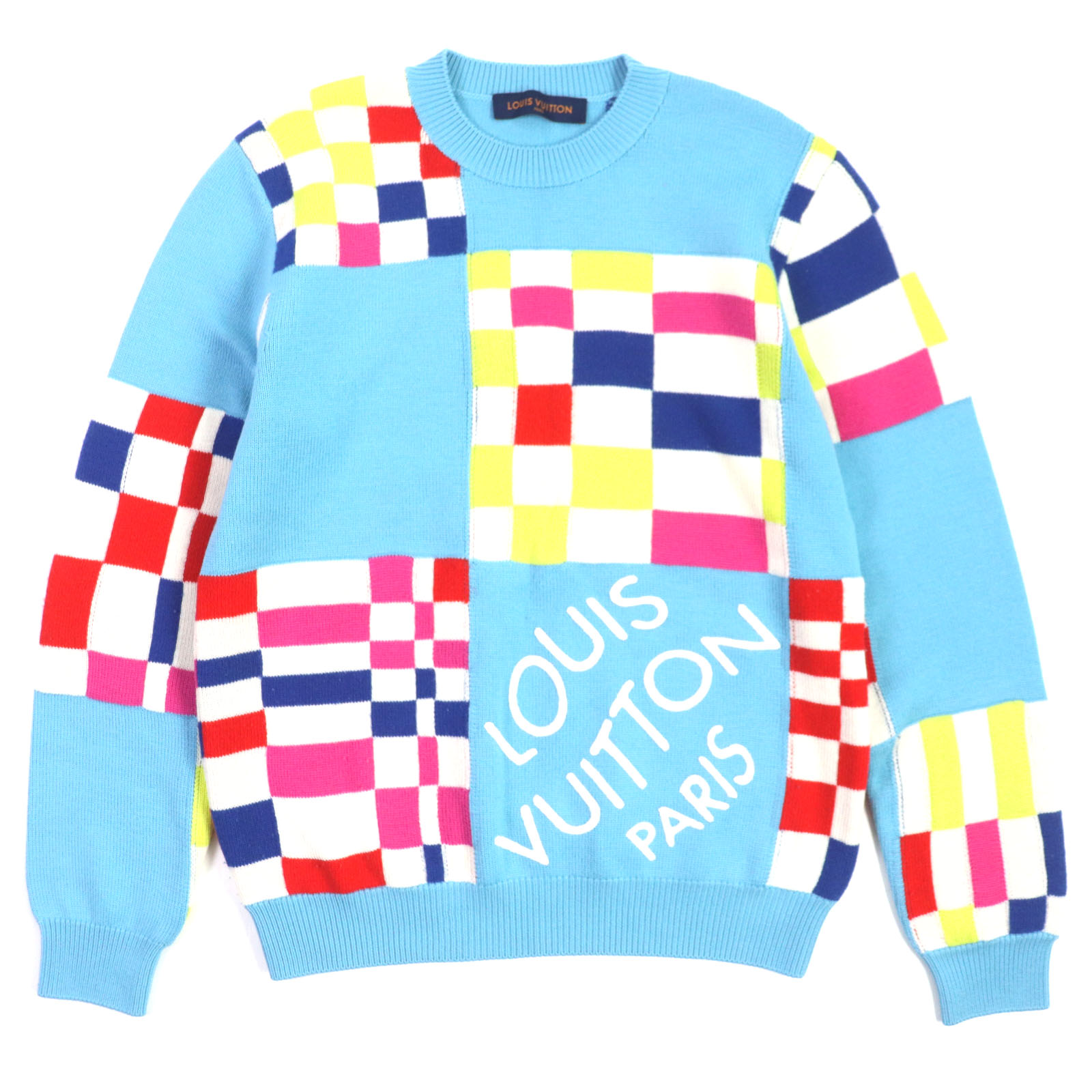 美品▼LOUIS VUITTON ルイヴィトン 21SS 1A8P48 ディストーテッド ジャイアントダミエ ウール100% クルーネック ニット セーター ライトブルー マルチ S イタリア製 正規品 メンズ【中古】