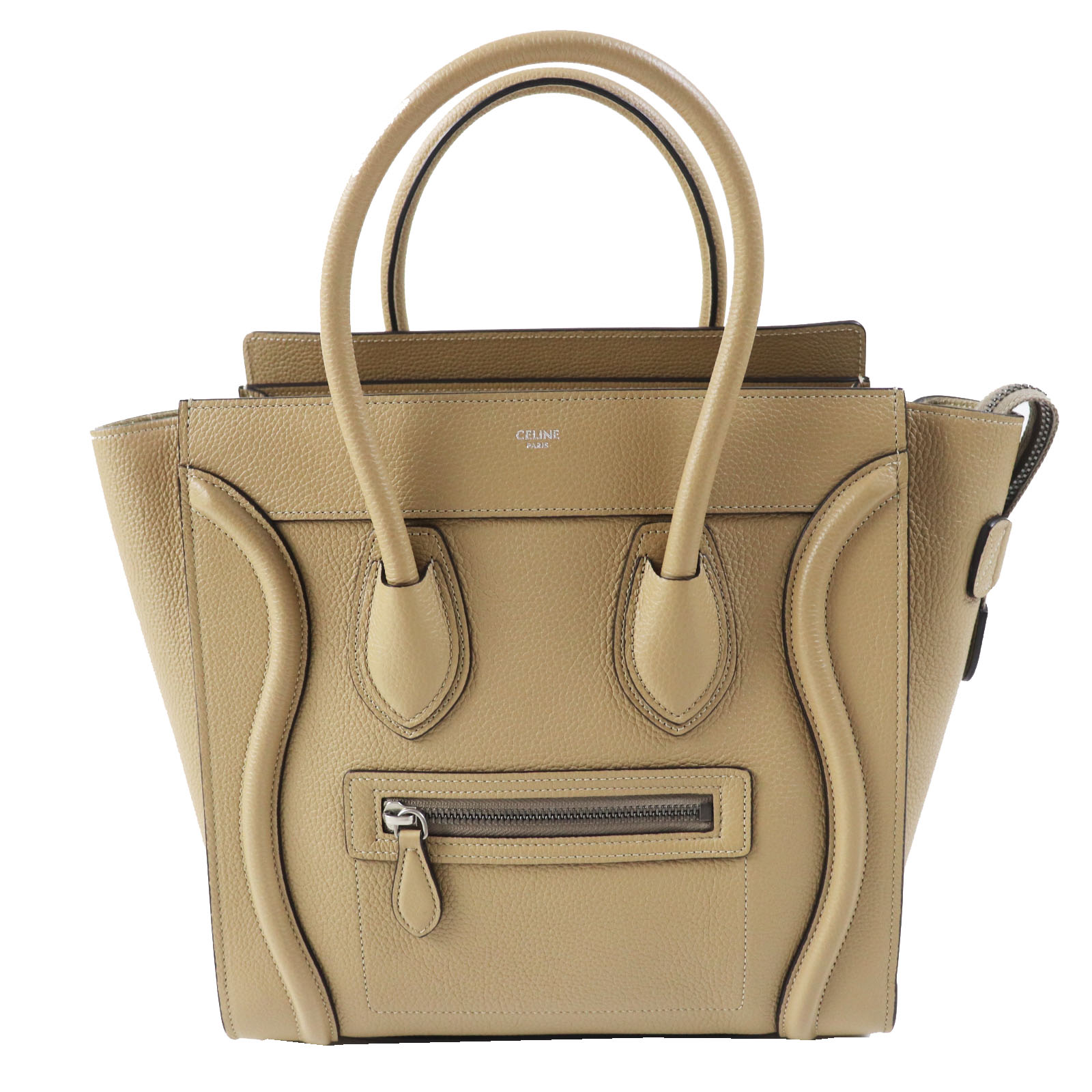 極美品◎CELINE セリーヌ 18979 ラゲージ マイクロ ショッパー デューン（ベージュ） ドラムドカーフスキン ハンドバッグ イタリア製 レディース【中古】