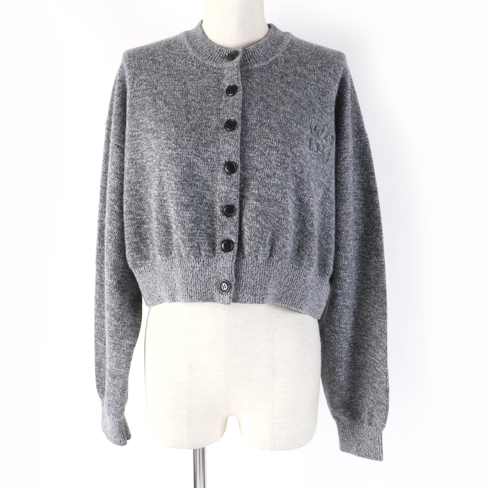 極美品☆Alexander Wang アレキサンダーワン 4KC4243015 コットン ウール エンボスロゴ クロップド丈 長袖ニット カーディガン グレー S 正規品 レディース【中古】