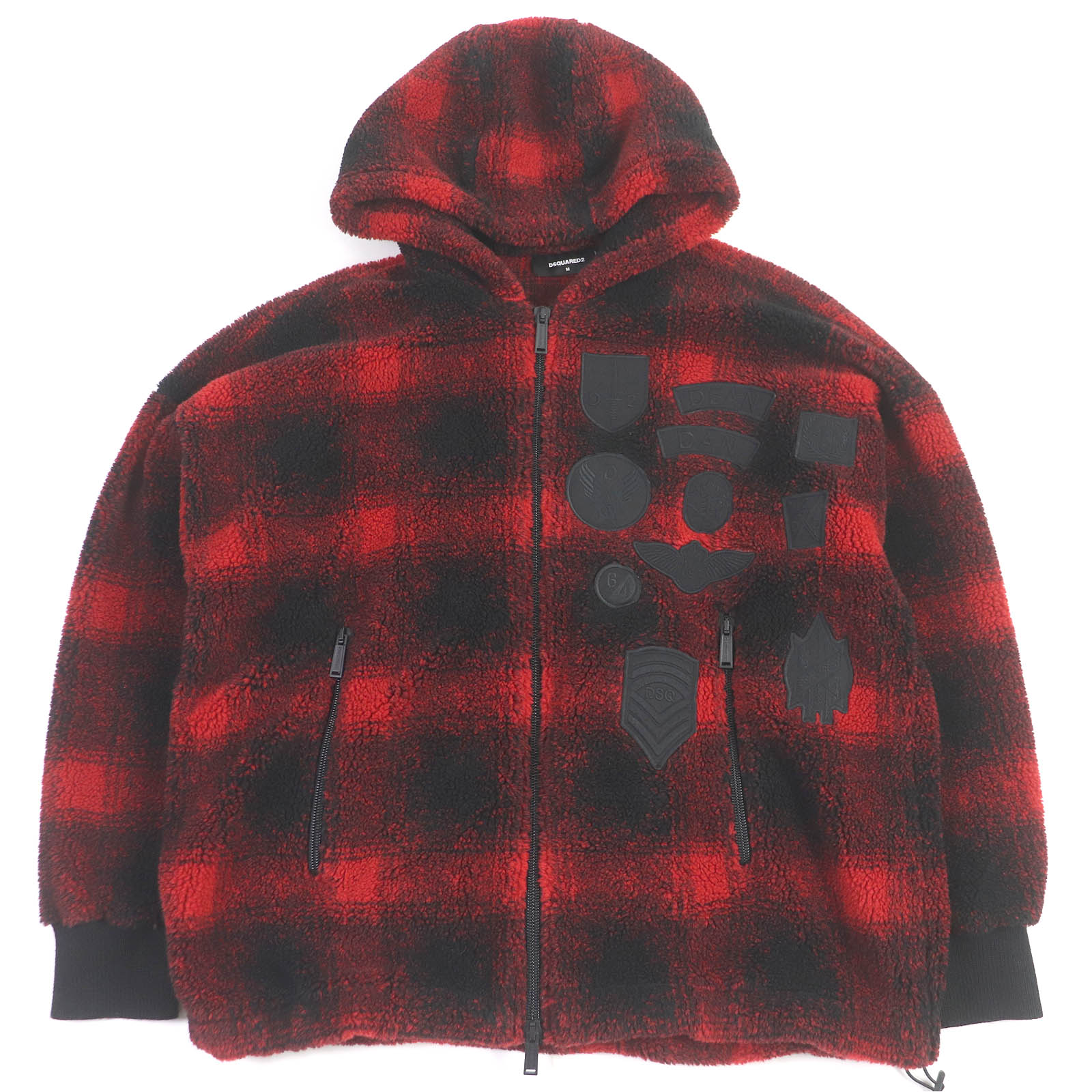 極美品□DSQUARED2 ディースクエアード 21AW S74HG0110 CHECK PATCH ZIP HOODIE バッファローチェック ボアフリースジャケット ブルゾン レッド ブラック M イタリア製 正規品 メンズ【中古】