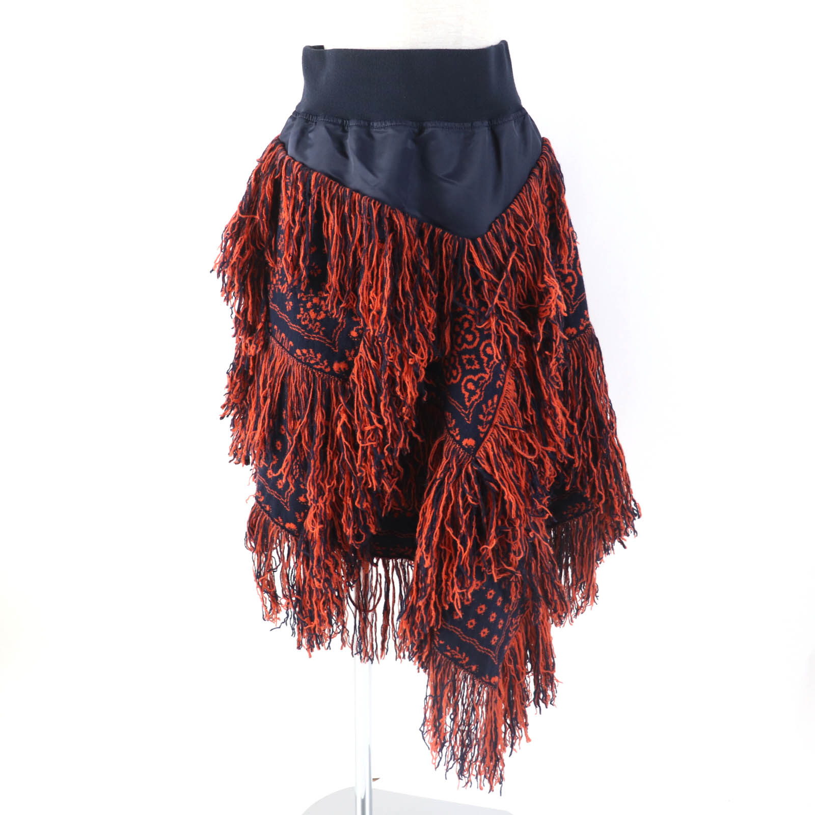 美品☆Sacai サカイ REYN SPOONER レインスプーナー 18-03930 ウール100％ フリンジ ニット スカート ネイビー オレンジ 1 日本製 正規品 レディース【中古】