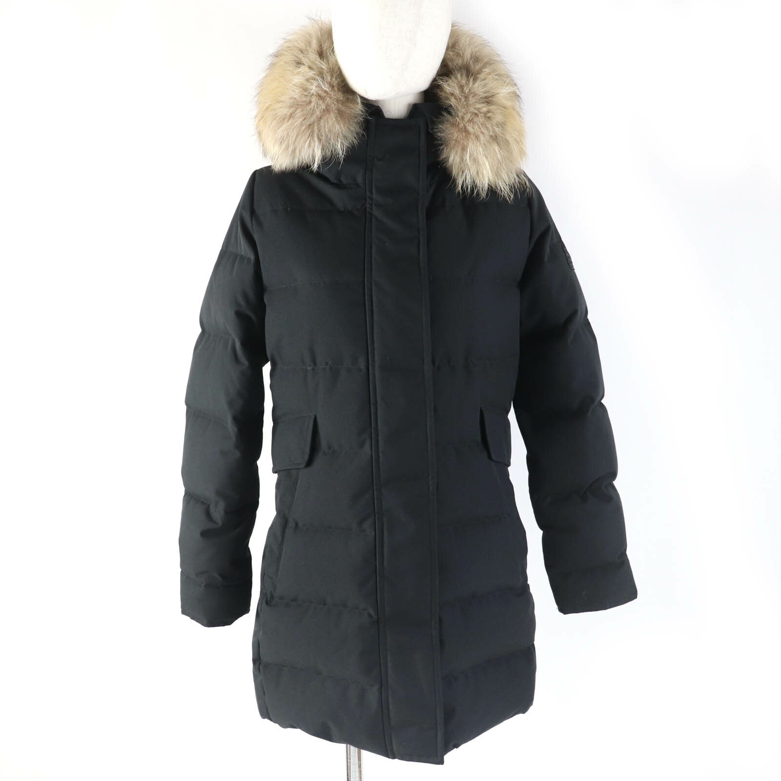 美品☆Pyrenex ピレネックス GRENOBLE GABARDINE FUR ロゴワッペン・ラクーンファー・フード付 ダウンジャケット ブラック 36 正規品 レディース【中古】