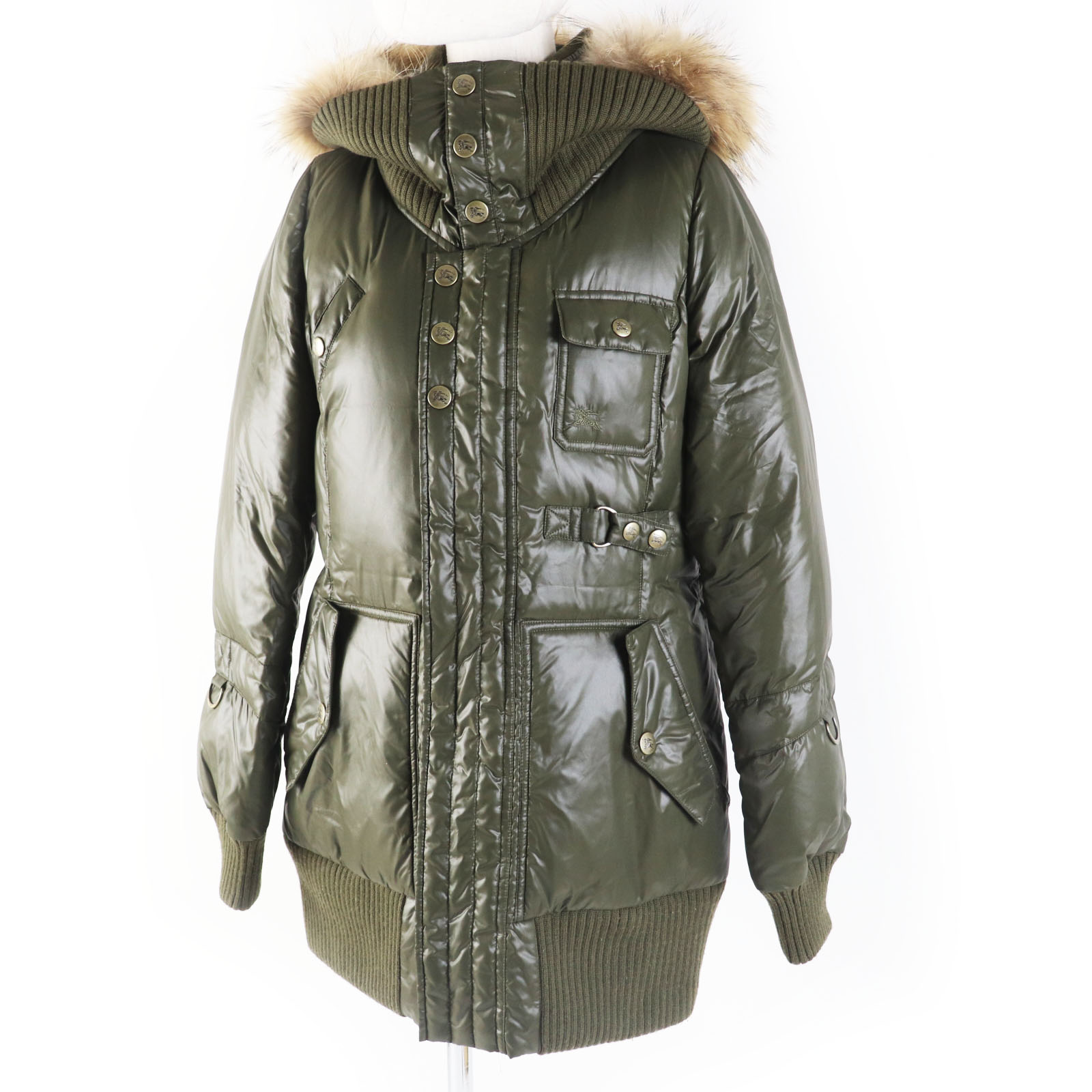 美品◎BURBERRY BLUE LABEL バーバリーブルーレーベル FCF14-532-72 ラクーンファー・フード付き ダウンジャケット カーキ 40 正規品 レディース【中古】