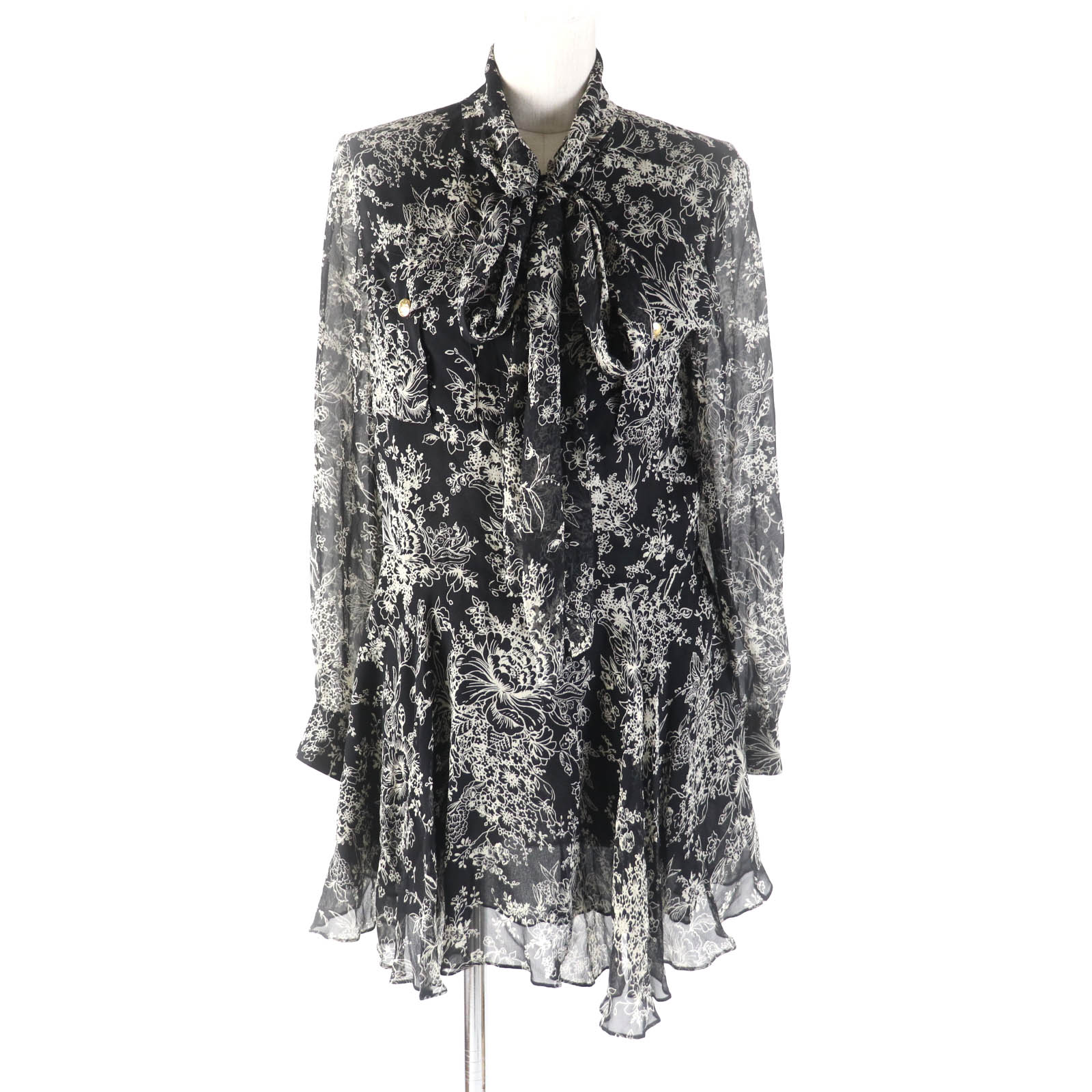 美品★CELINE セリーヌ 24SS 2R13J545V ラヴァリエール ミニドレス シルク100％ リボンタイ トリオンフボタン付 花柄 ワンピース ブラック 36 レディース【中古】