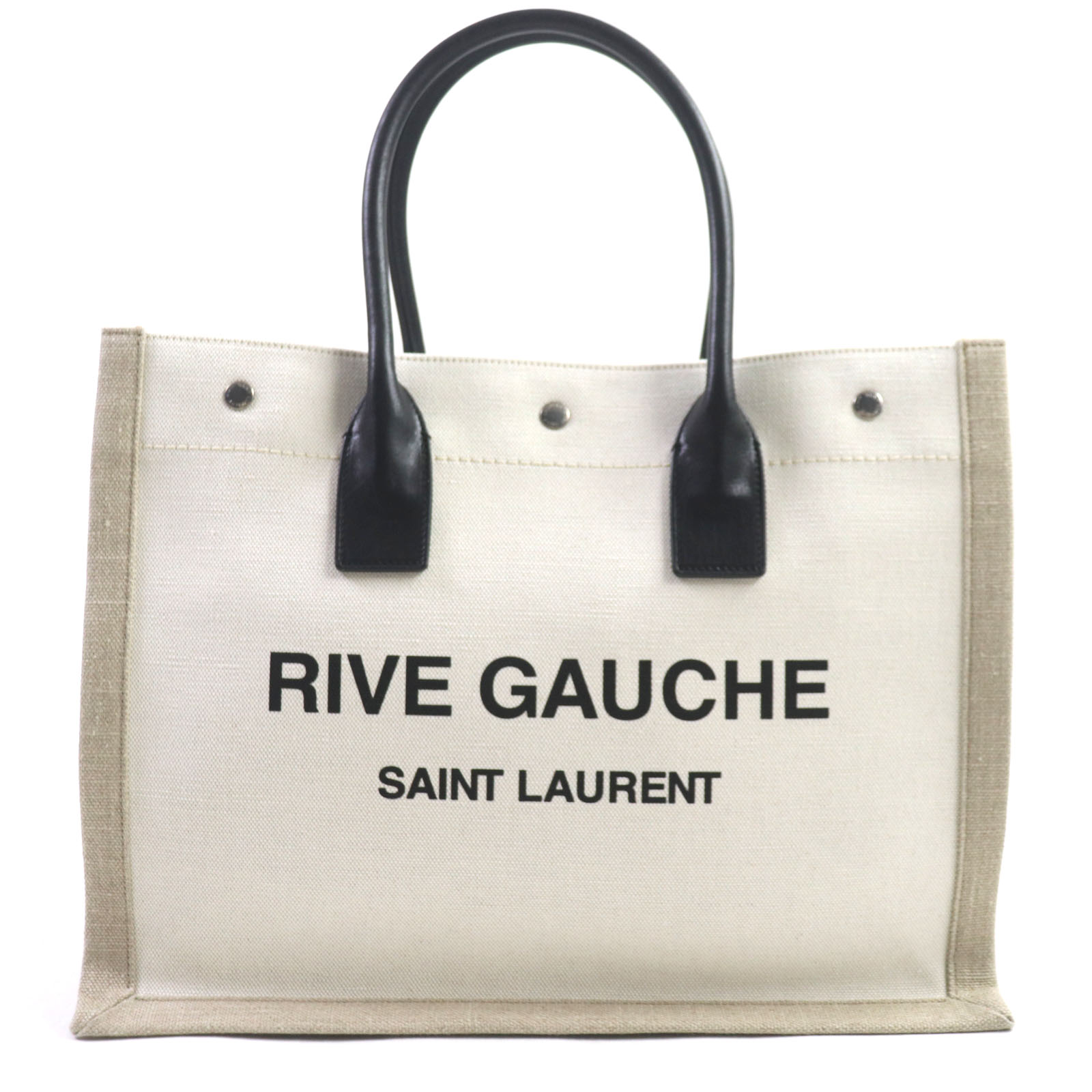 極美品▼SAINT LAURENT PARIS サンローランパリ 617481 リヴゴーシュ ロゴ キャンバス レザー トートバッグ ベージュ ブラック 保存袋付き イタリア製 メンズ レディース【中古】
