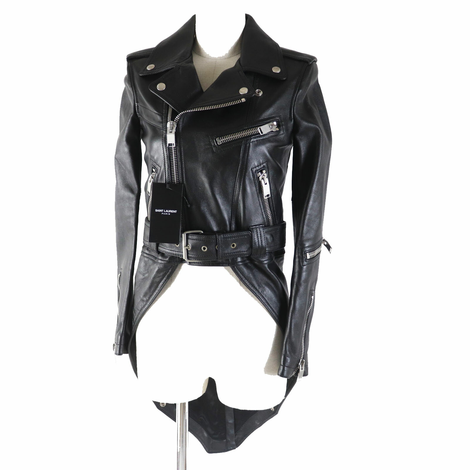 未使用品◎SAINT LAURENT PARIS サンローランパリ 15AW エディ期 ラムレザー 燕尾 ライダースジャケット ブラック 34 ハンガー付き イタリア製 正規品 レディース【中古】