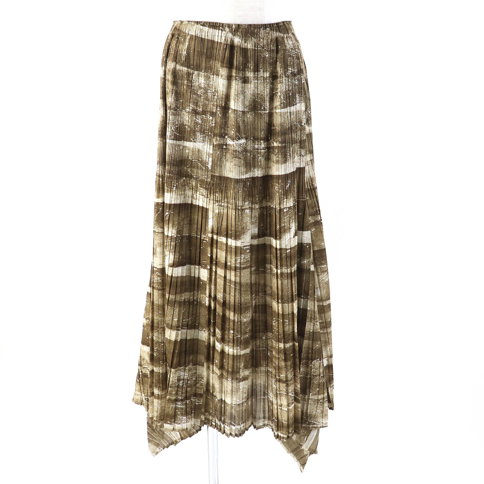 極美品△PLEATS PLEASE プリーツプリーズ イッセイミヤケ PP31-JG924 グラフィックプリント 裾変形デザイン スカート ブラウン系 4 日本製 正規品 レディース オススメ◎【中古】