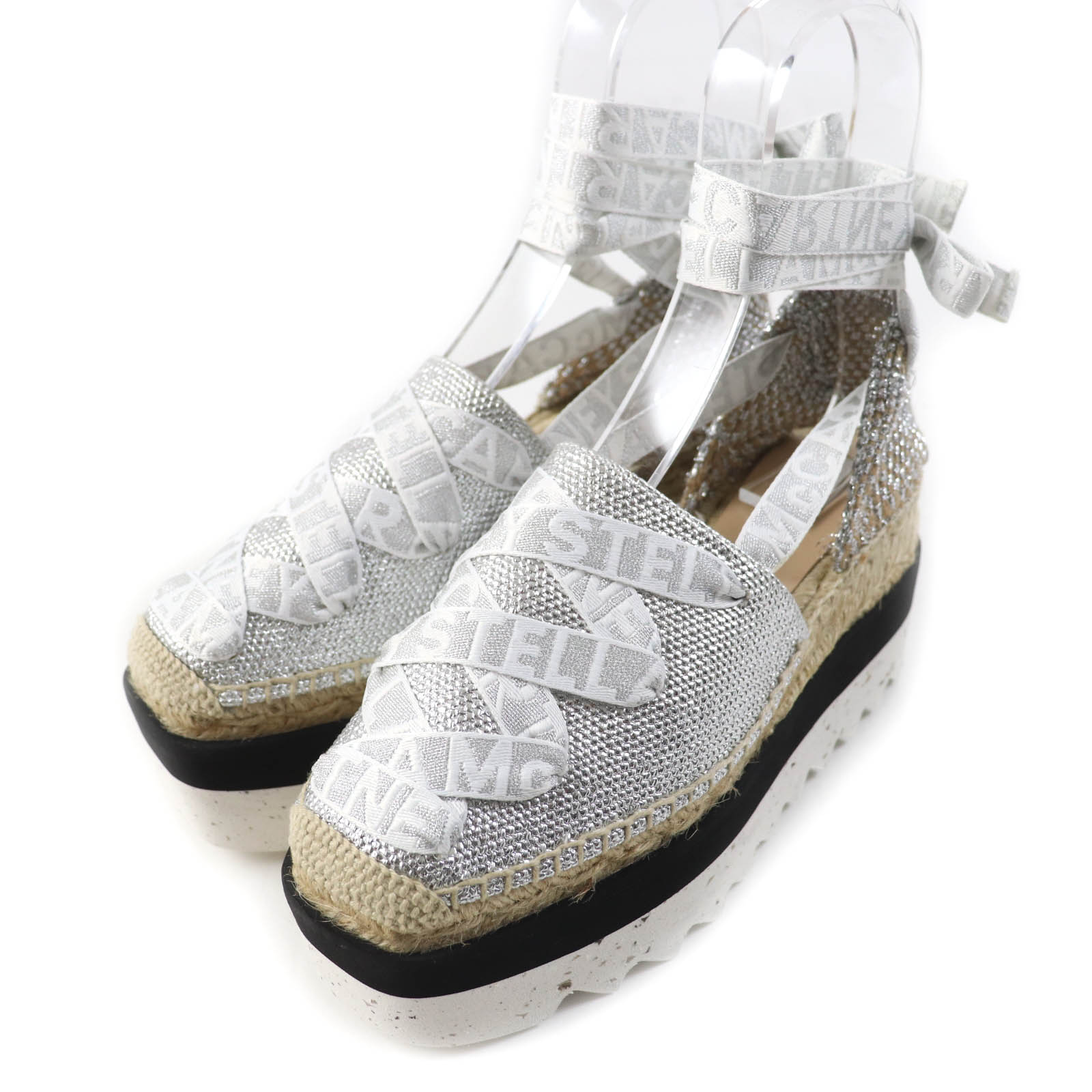 極美品★Stella McCartney ステラマッカートニー 800159 ガイア ロゴレースアップリボン エスパドリーユ プラットフォーム サンダル シルバー 36 スペイン製 レディース【中古】
