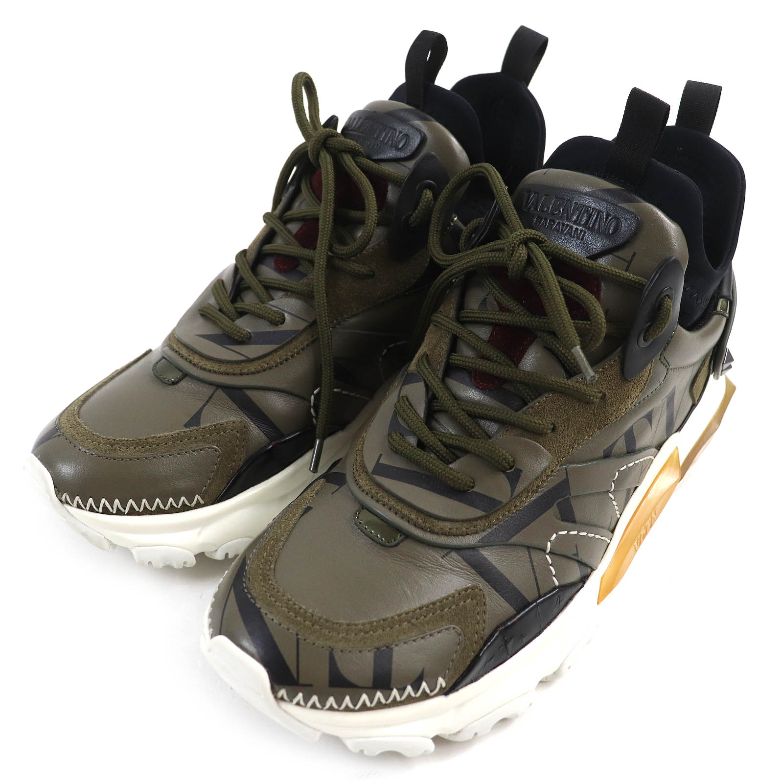 極美品△Valentino Garavani ヴァレンティノガラヴァーニ TRB39Y0 BOUNCE バウンス レイズドソール オーストリッチフェザー VLTNロゴ スニーカー カーキ 40 箱・保存袋付き イタリア製 メンズ オススメ◎【中古】